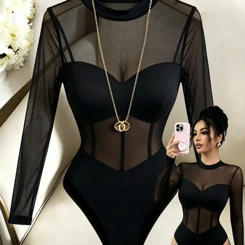New Women's Stand Collar Mesh Patchwork Knit Fabric Long Sleeve Vacation Party Date Sexy Elegant Minimalist One-Piece Jumpsuit Bodysuit Knitted Bodysuits