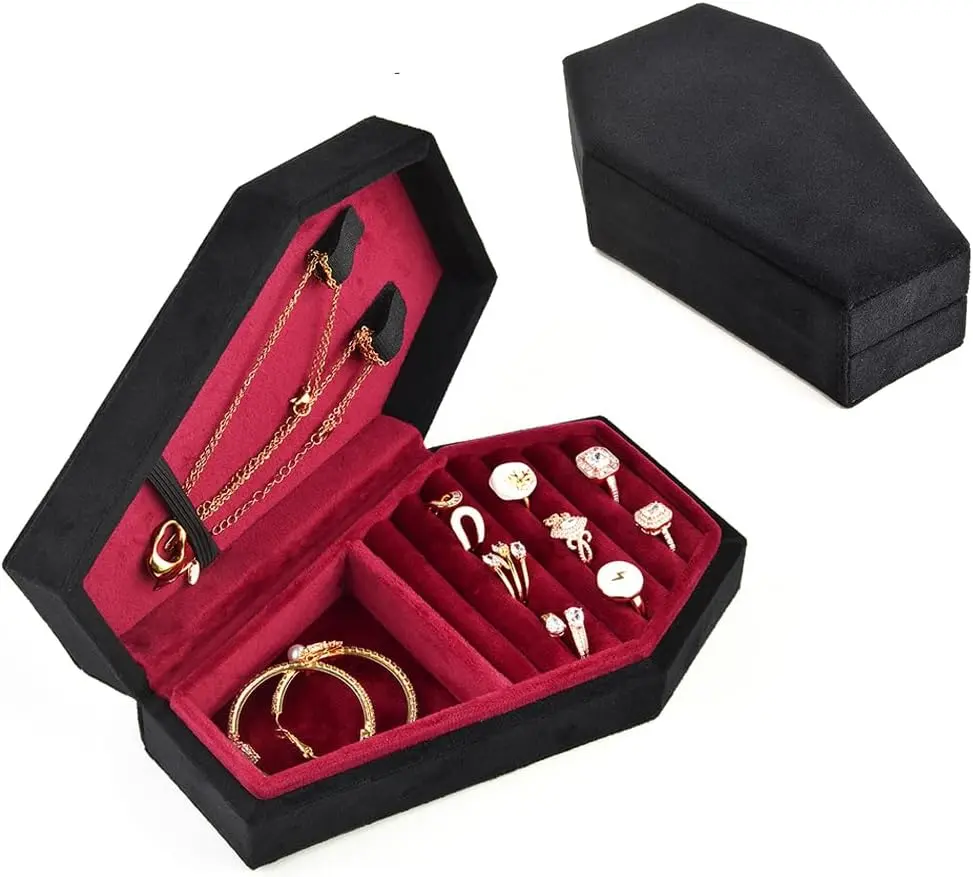 Mini Coffin Shaped Gothic Jewelry Case, Plush Velvet Small Jewelry Organizer for Earrings Rings Necklaces Bracelets