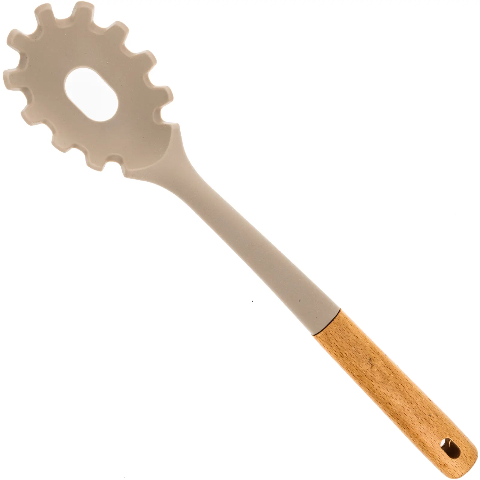 BEILLE Sturdy Beech Wood & Silicone Slotted Pasta Spoon - Light Grey, BPA-Free, Dishwasher-Safe, Heat Resistant, 13.5" Length, Multifunction Matte Kitchen Cooking Utensil, Slotted Cooking Spoons