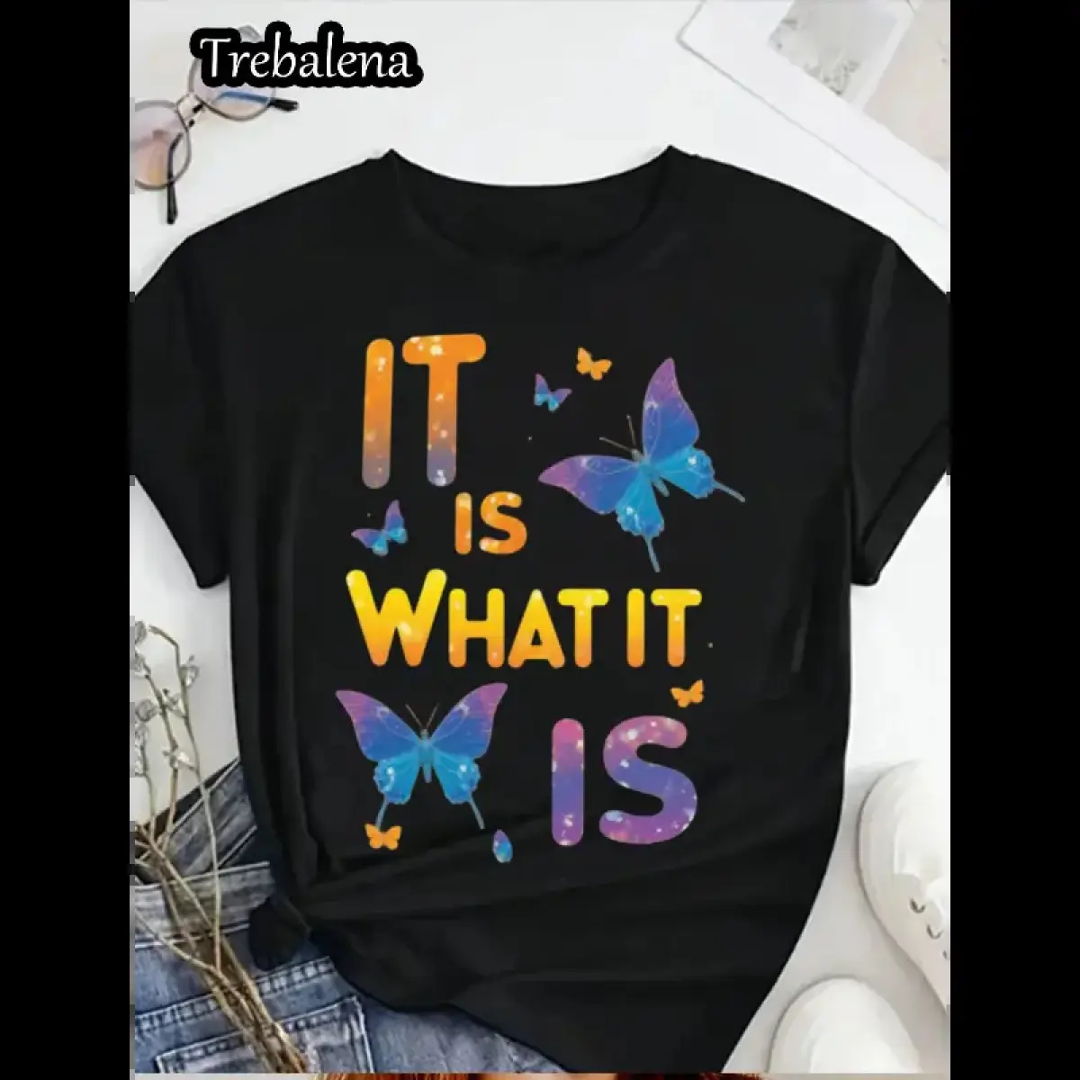 Plus Size T-Shirt for Women with Geometric Butterfly Graphic, Casual Loose Fit Cotton Top with Short Sleeves and Inspirational Quote, Loosey Goosey