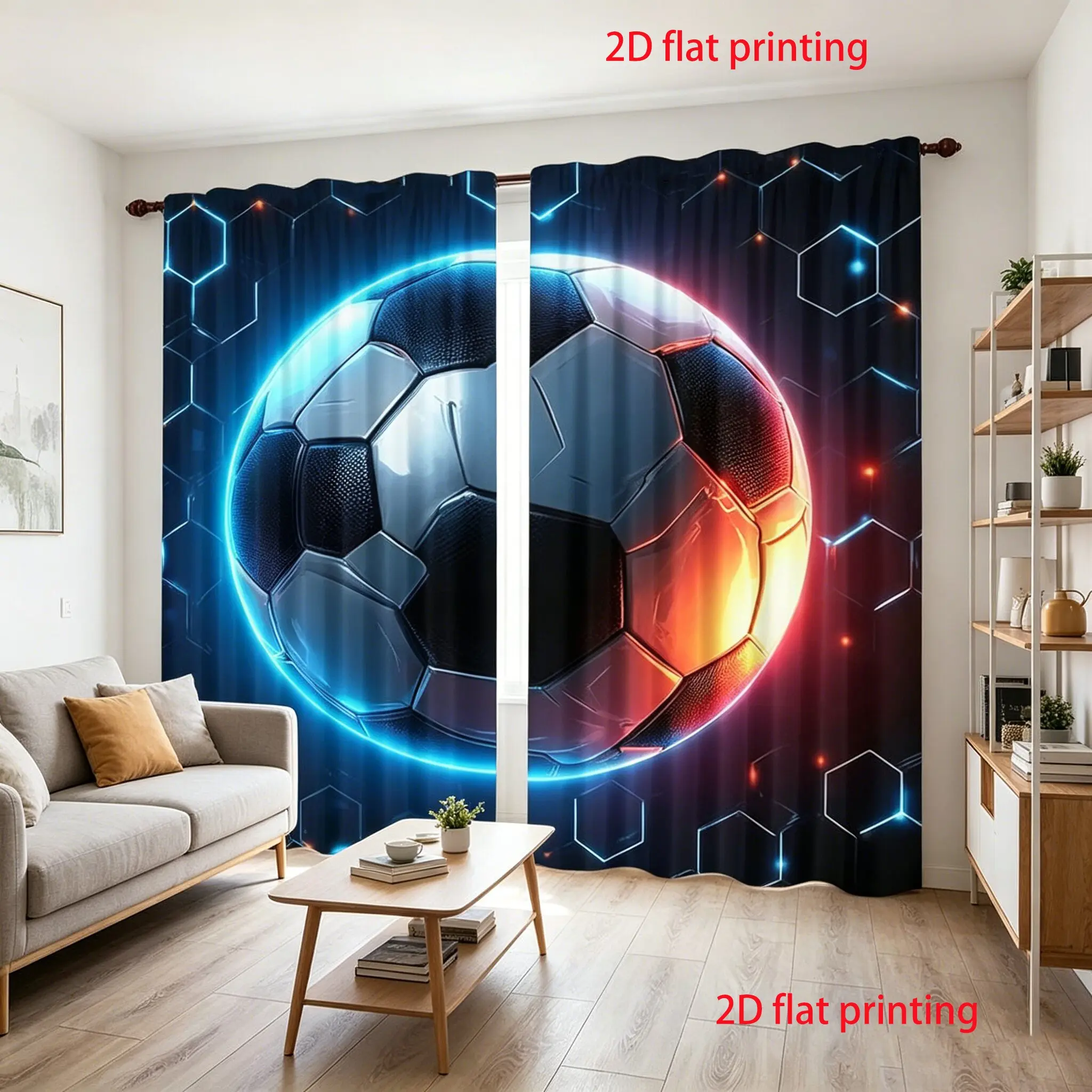 2-piece set of football printed curtains, football enthusiast curtains, semi transparent polyester fiber, machine washable, suitable for home decoration all year round, Window curtains