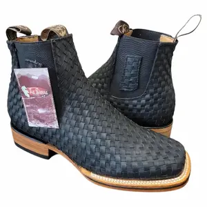 Botin Vaquero Estilo Petatillo/Basketweave pattern Toe Ankle Boots/ Pull on Western Woven Ankle Boots