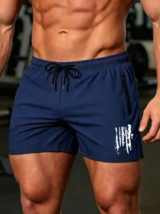 Men's Summer Zipper Pocket Gym Shorts with Breathable Quick-Dry Fabric, Fitted Design with Triangle Mesh Lining for Swimming and Fitness, Graphic Print Shorts, Shorts With Pockets