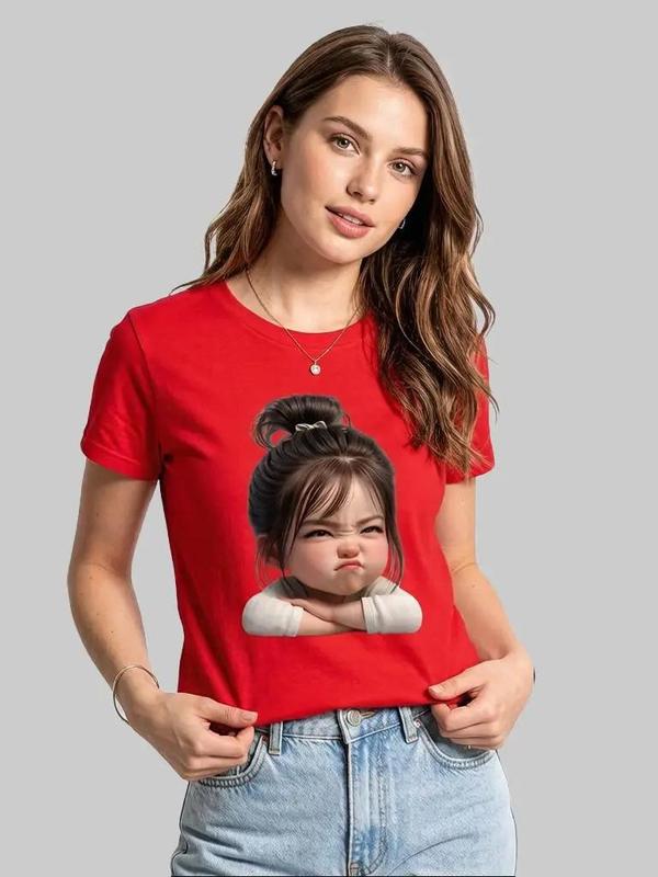Women's Grumpy Baby Graphic Cropped Tee - Soft Cotton Crew Neck Cap Sleeve Backless Fitted Streetwear Fabric, Trendy Casual Summer Valentine's Day Heat Transfer Tshirt, Stylish Design