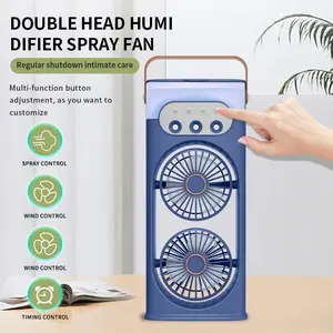 This is a dual-head portable fan with a Type-C plug, featuring a large-capacity water storage tank, scheduled shutdown, and can be used as an air cooler with a humidifying spray function. It also offers three-speed wind adjustment