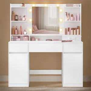 Kailyn Collection - Vanity Desk with Mirror and 9 LED Bulbs, Vanity Makeup Table with Power Outlets, Dressing Table with 2 Cabinets, for Bedroom, Cloud White