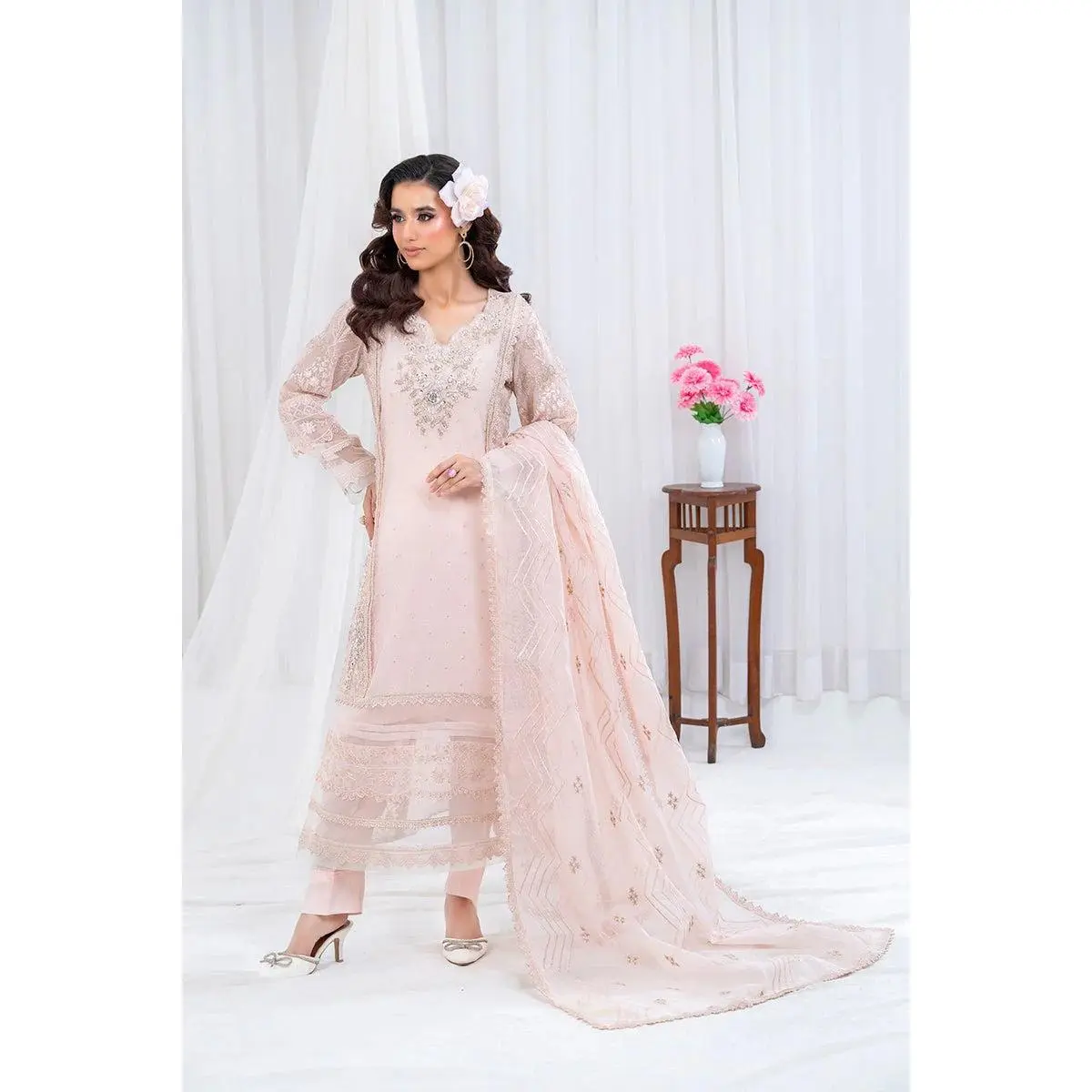 Panache - K-234 Pink 3 Piece Embroidered Khaddi Net Suit