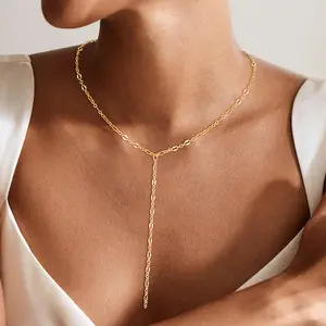 ASCOMY Dainty 14K Gold Plated Y - Shaped Lariat Necklace with Chic Chain Drop - Trendy Minimalist Layered Jewelry, Must - Have Fashion Accessory for Women