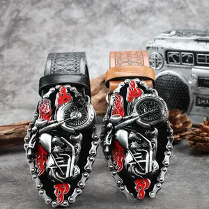 Trendy men's belt with motorcycle-style large buckle, youth belt, vintage and unique, versatile for jeans