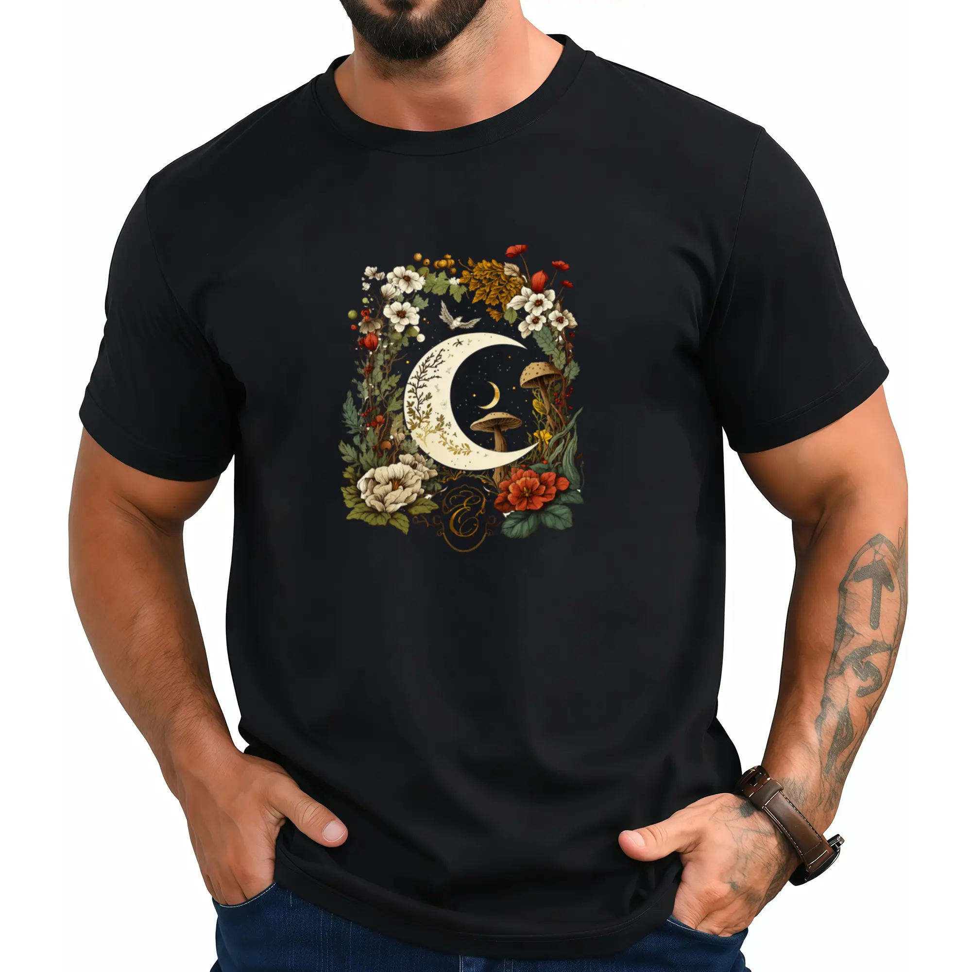 Men's Aesthetic Goblincore-Dark Cottagecore Mushroom Print Streetwear T-Shirt, Lightweight Short-Sleeve Top, Prints