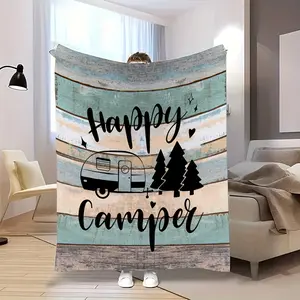 Cozy Flannel Throw Blanket Featuring A Happy Camper Design, Suitable For Machine Washing, Crafted With Quilted Details, Digitally Printed, Versatile For All Seasons, Made Of Polyester, Perfect For Use On Sofas And Beds