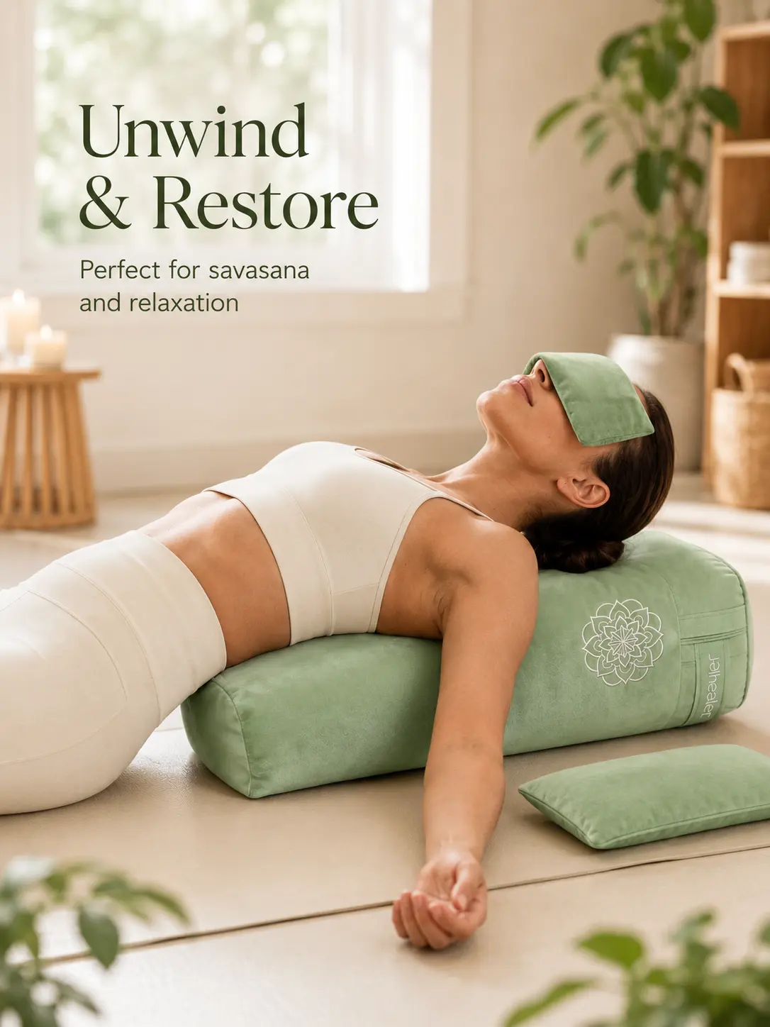 3 in 1 Yoga Bolster Pillow Set for Relaxation & Meditation, Premium Rectangular Velvet Cushion with Weighted Lavender Eye Pillow, Supportive Foam for Back Support & Stretching