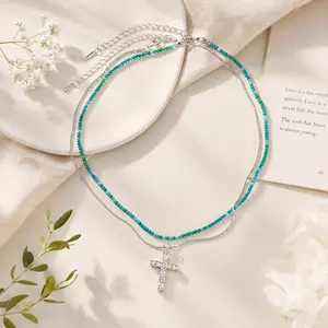 Double Layer Turquoise Beaded Cross Pendant Necklace, Silver Plated Western Boho Stackable Necklaces for Women outdoorfun