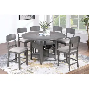Contemporary 7pc Counter Height Dining Set Gray Table w Lazy Susan Built-in Leaf 6x High Chairs Kitchen Dining Room Storage Space Furniture