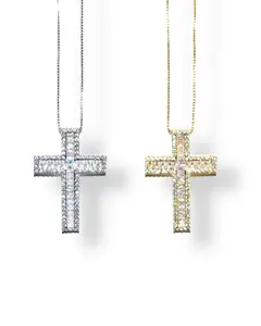 Divine Cross Baguette Pendant with Pave Stones 18k Gold/Platinum Plated Copper Alloy Water Resistant Adjustable Chain Necklace