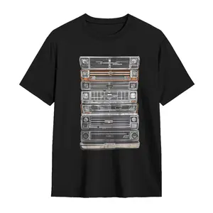 Men's Classic Short-Sleeve Round Neck Vintage Truck Grille Stack Graphic Menswear Top T-Shirt - Black, Retro Pickup Front End Print, Premium Cotton Unisex Casual Fit, Car Enthusiast Apparel, Ideal Gift for Vintage Vehicle Lovers