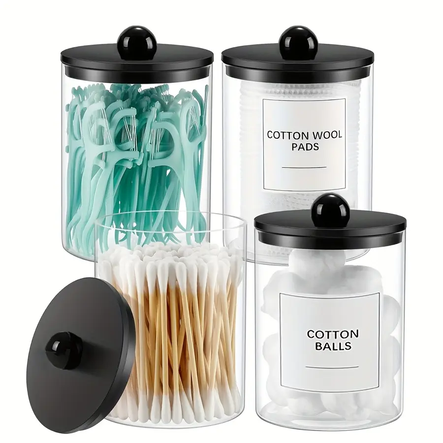 4pcs Bathroom Cotton Swab Dispenser Canisters Set, 10oz Transparent Bottle Holder for Cotton Pads & Balls, Makeup Organizer Container Storage Bottles Multipurpose Storage