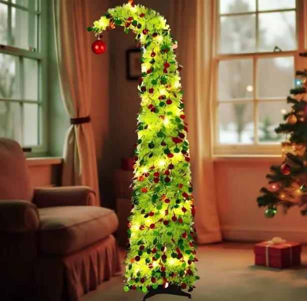 5 FT Whimsical Pop Up Christmas Tree, Lime Green Collapsible Curved Tinsel Pencil Tree, with Decorative String Lights & Remote Timer, Indoor Home Apartment Porch Holiday Xmas Decor Gift