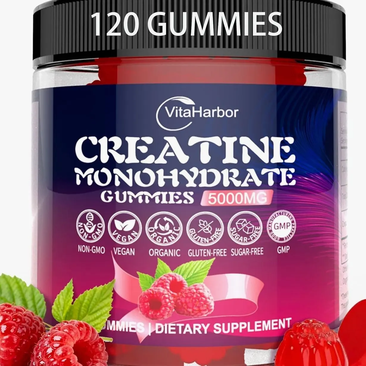 Creatine Monohydrate Gummies 5000mg for Men & Women, Organic Pure Creatine Gummies | Sugar Free,Vegan, Non-GMO,Raspberry Flavor, 120 Count