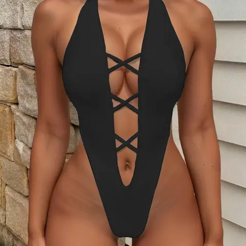 Women's Solid Cross Cut Out One-piece Swimsuit, Casual Fashion Chic Summer Swimwear for Beach Holiday Vacation, Ladies Swimsuit for All Seasons, Cutout Swim Suit, Summer Swimsuits