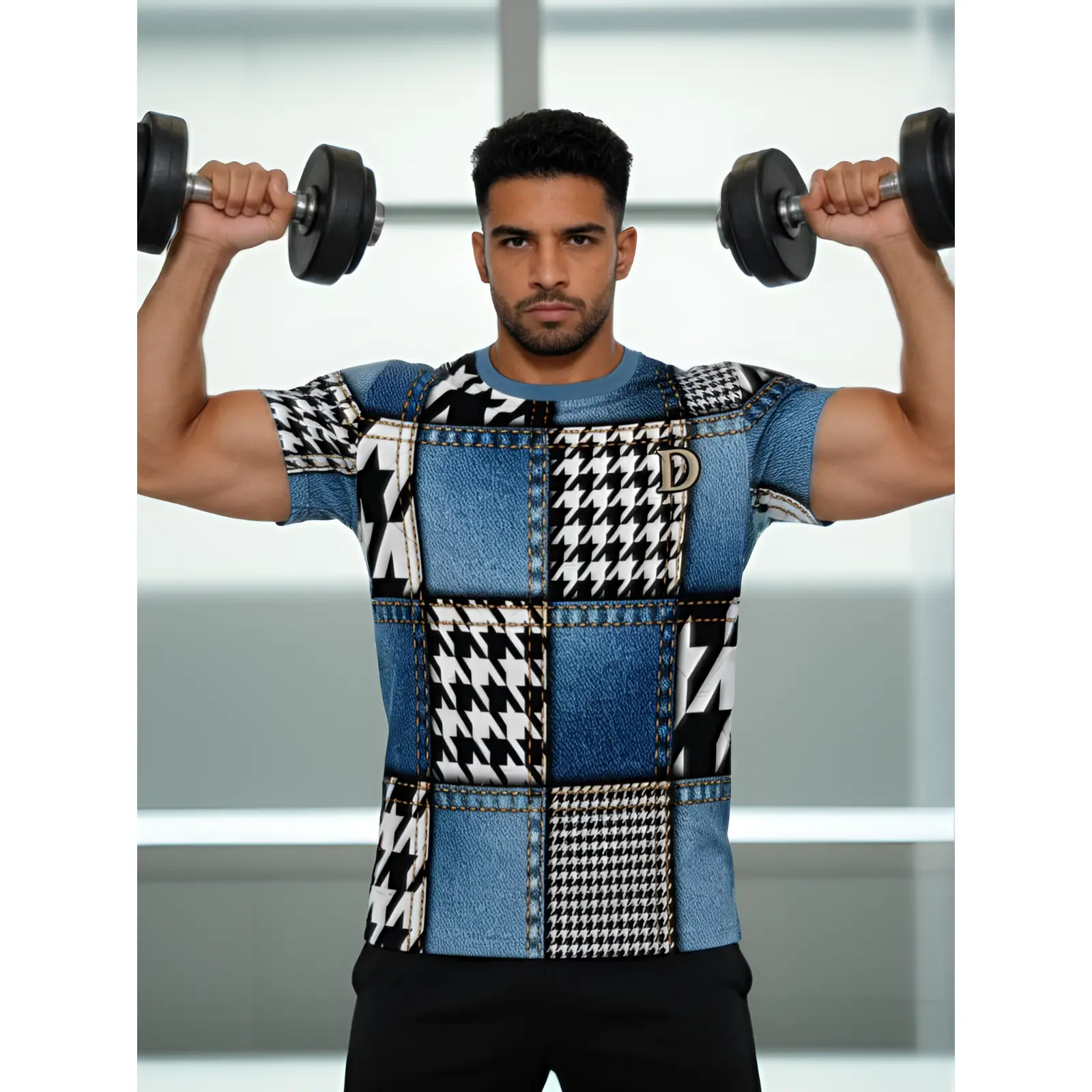 Men's Round Neck Polyester Fabric Shortsleeve Houndstooth Patchwork Printed T-Shirt - Breathable, Comfortable, Slightly Stretchy, Regular Fit, Plus Size Menswear for Street Wear, Vintage Casual Use, Tops