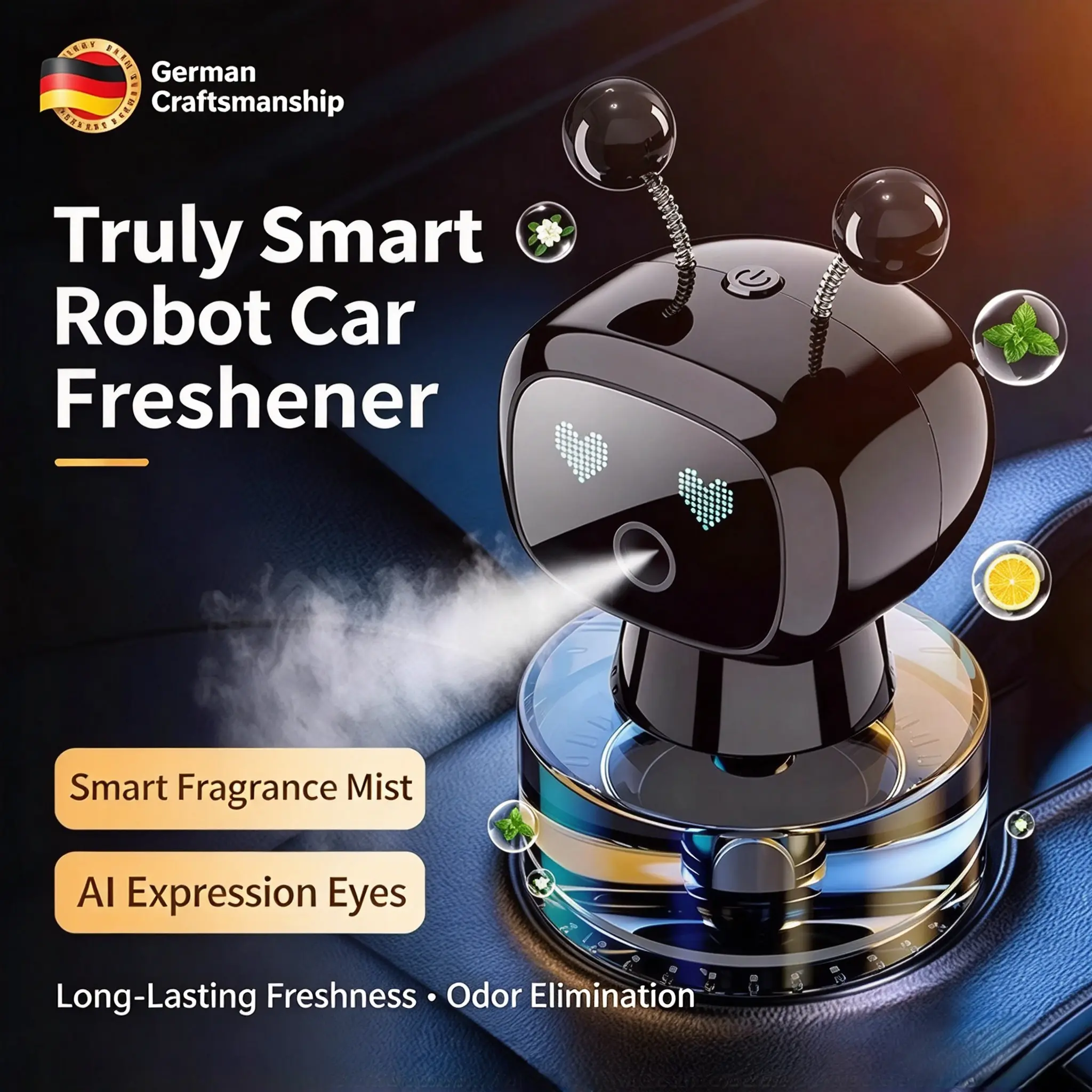 Smart AI Car Air Freshener, Automatic Spray Car Diffuser with Cute Expression Screen, Rechargeable Vehicle Aromatherapy Humidifier for Car Cup Holder, Long Lasting Fragrance