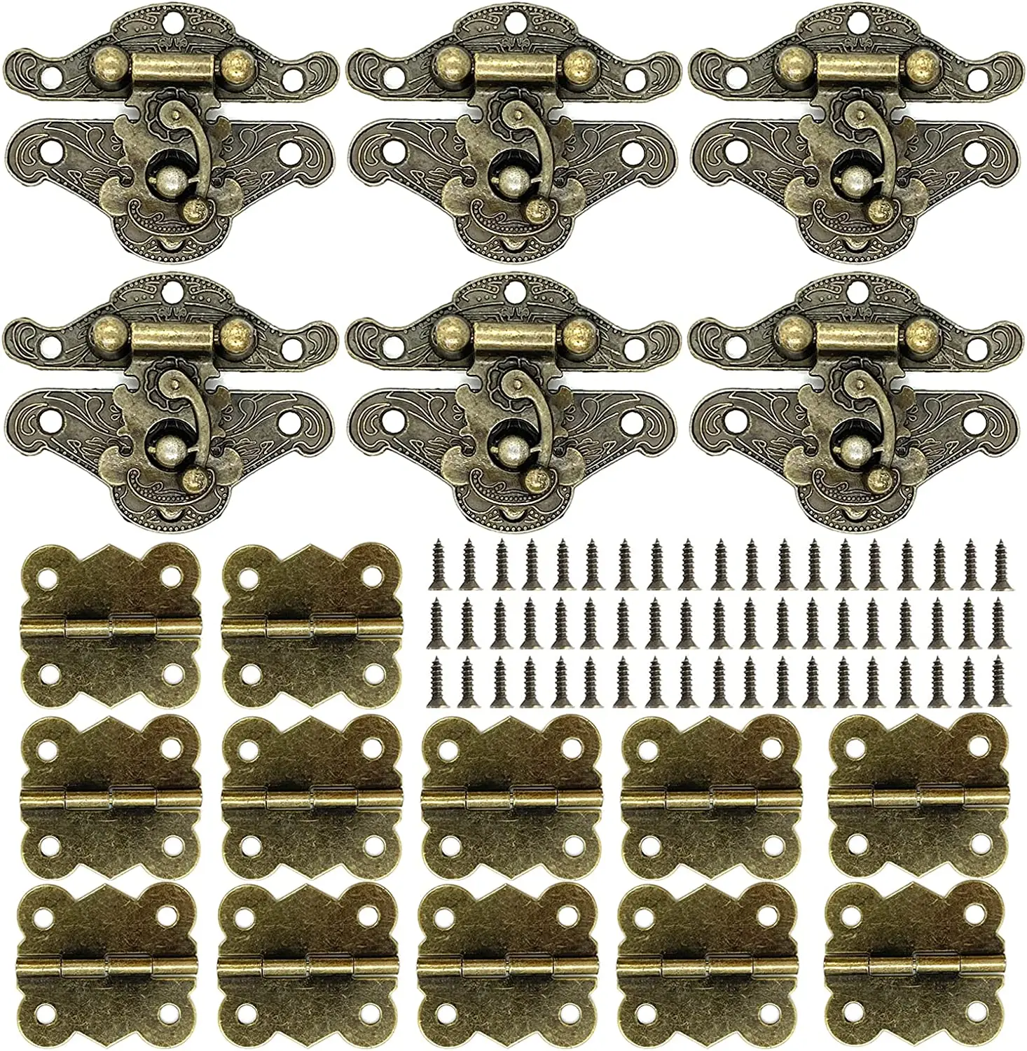 6Set Retro Design Jewelry Box Hinges and Antique Hasp Latch Decorative Cabinet Drawer Wooden Box Latch Buckle Vintage Bronze Engraved Mini Hinge Hardware Fittings with Screws Kit (Butterfly Hinge) QINIZX