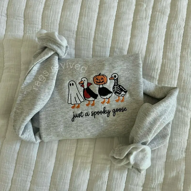 Spooky Goose Halloween Fall Embroidered Sweatshirt Pumpkins Skeleton Geese Spooky Season Unisex