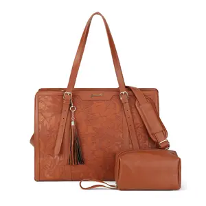 Laptop Tote Bag for Women,16.5 Inch Vintage Work Bag with Clutch,Large Leather Laptop Purse with Cup Holder for Teacher,Office