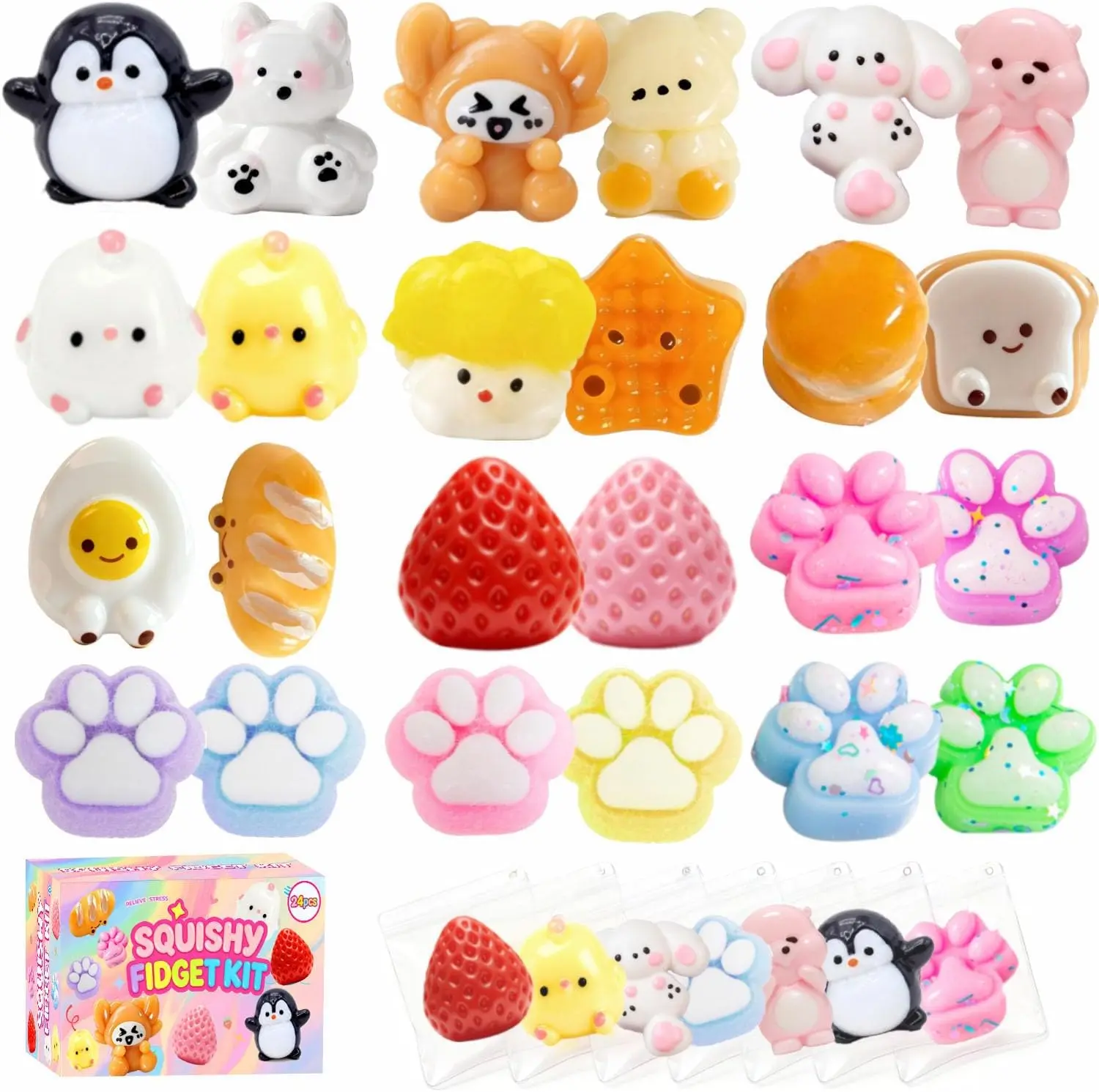 24Pcs Squishy Fun Box Toys Kit Set – Mini Taba Squishies Fidget Squeeze Toys Pack with Animal, Strawberry, Cat Paw, Penguin & Hamster Designs