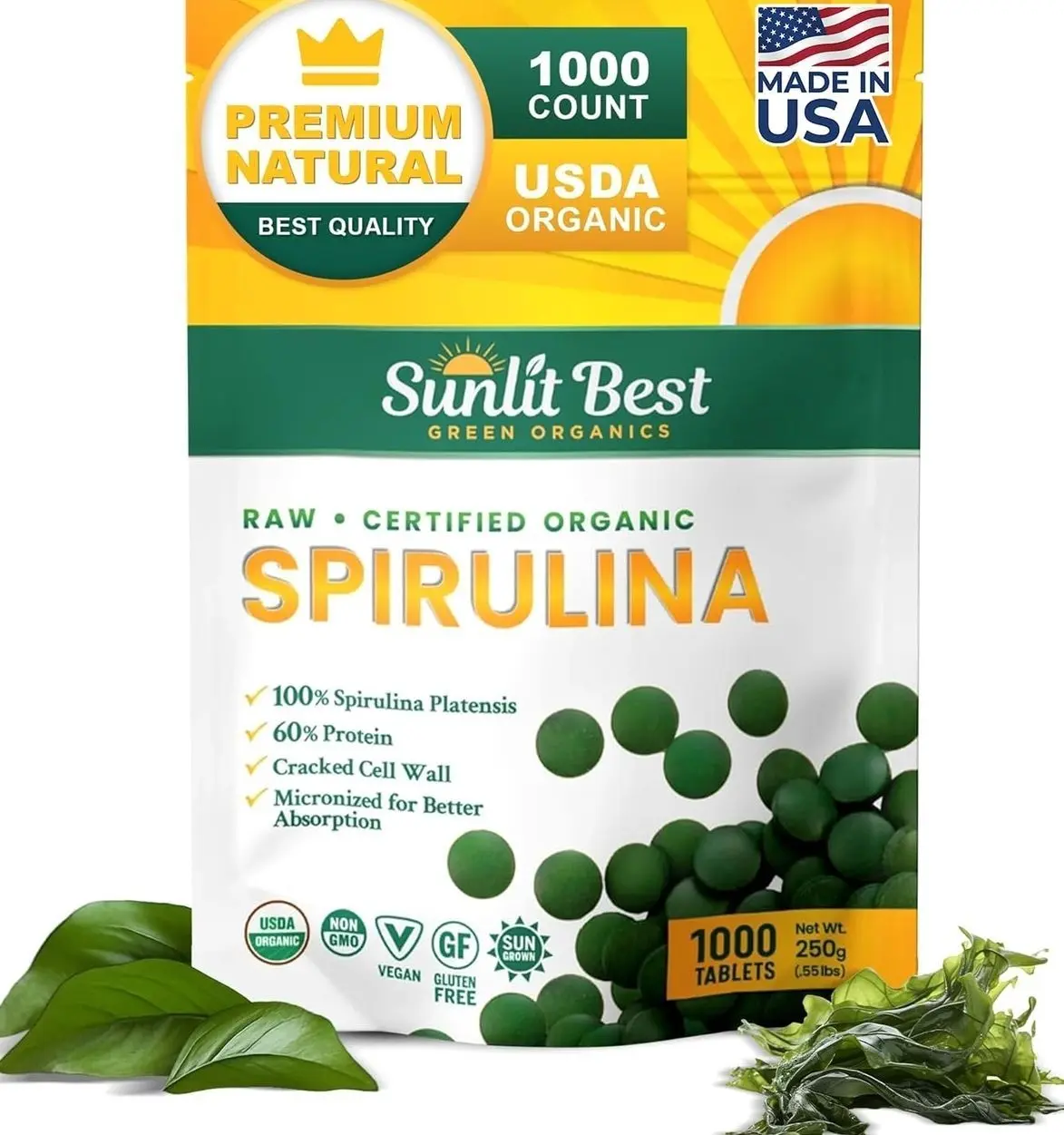 Sunlit Best - USDA Organic Spirulina Tablet - Natural Super Greens Supplements for Immune Support, Gut Health & Boost Energy Tablets with Chlorophyll, Vegan & High Protein Non GMO, 1000 Superfood Tabs