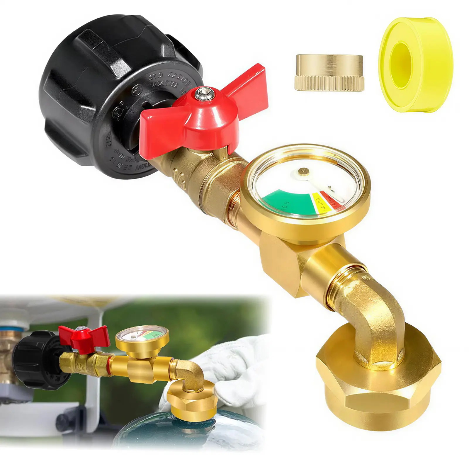 Propane Refill Adapter with Gauge and ON/OFF Valve, Brass QCC1 Type 1 Adapter for Filling 1LB Bottles from 20-40LB Tanks