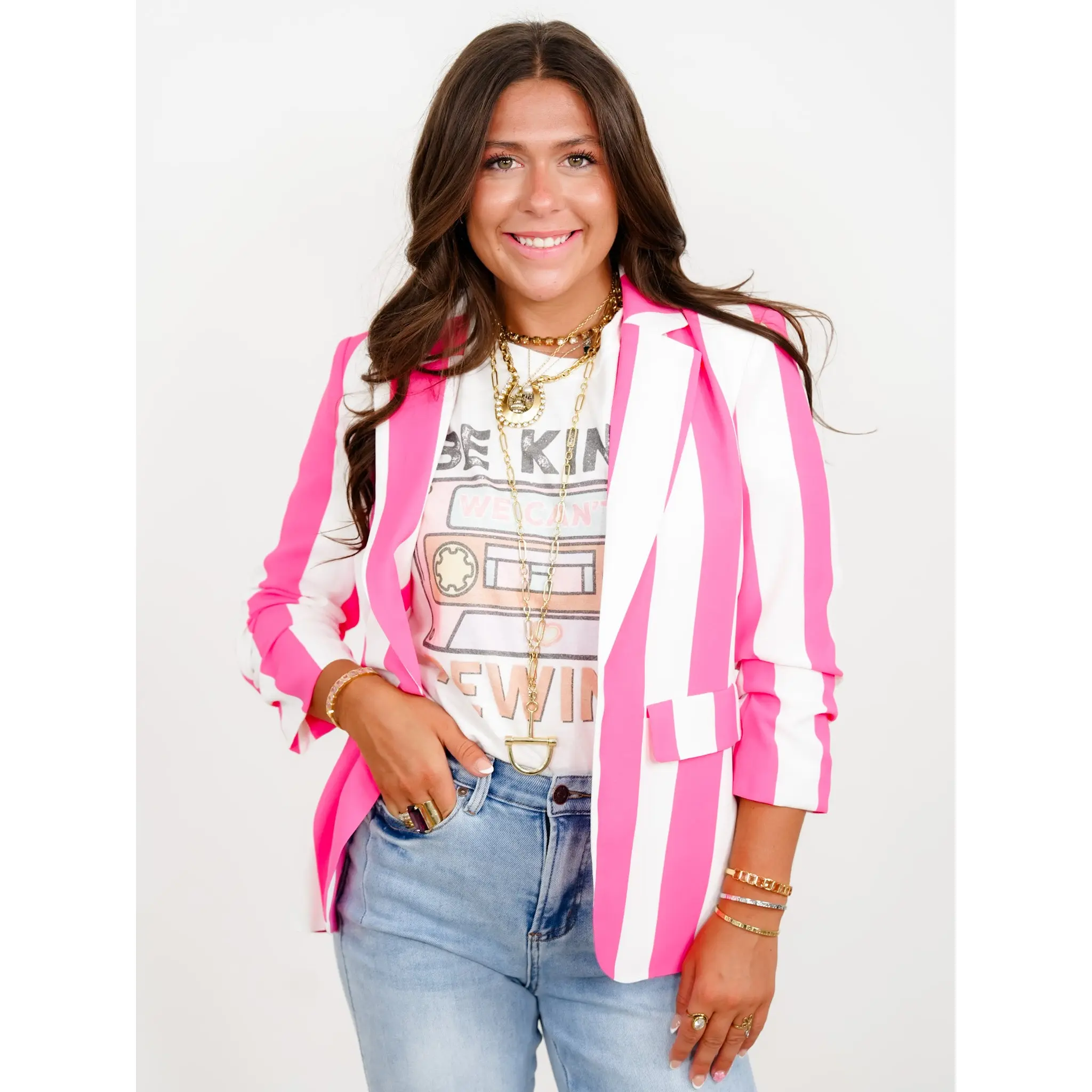 Plus/Reg Vertical Stripe Open Front Blazer
