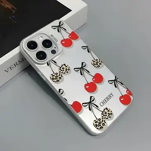 Leopard Print Cherry Pattern Case for iPhone 16 15 14 Pro Max 13 12 11 XR XS Plus Shockproof Anti-Scratch Durable PC Back Protective Cellphone Cover Valentine Gift For Girls and Women Silicone Smartphone Casing Protection Protector Screen Protector
