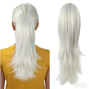 Long Multi-layer Fluffy Ponytail Extension with Large Claw Clip for European and American Women, Synthetic Hair, Gradient Gray