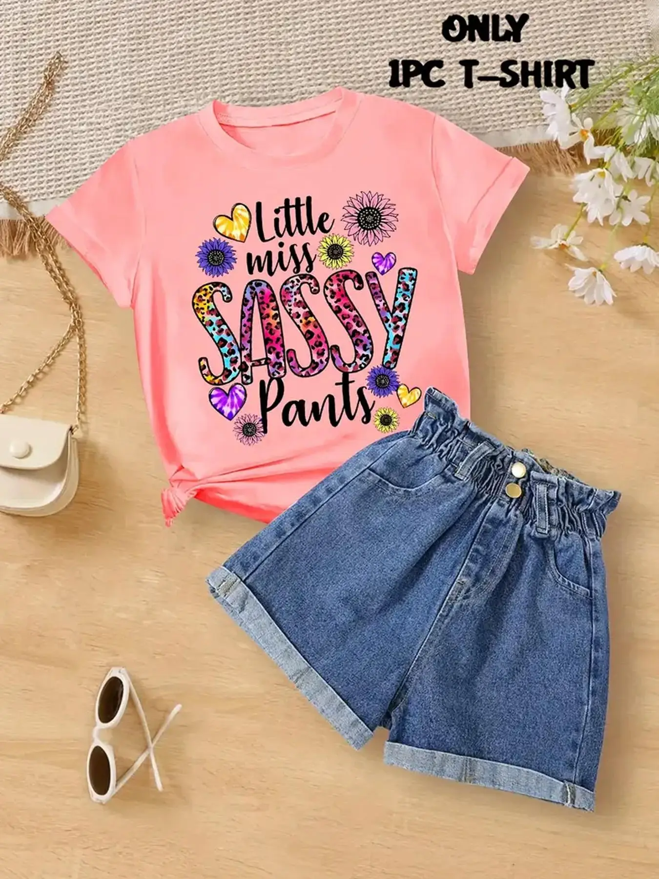 Girl's Floral & Letter Print Round Neck Tee, Casual Short Sleeve T-shirt for Summer, Kids Clothes for Daily Wear, Funny Graphic Tees, Casual Tee Tops