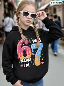 Girls' Casual 67 Slogan, Star Print Hoodie, Pink With Black Hood Design Featuring 67 Text, Hearts And Stars Cute Black Hoodie For Girls Kids Hoodie, Graphic Hoodies