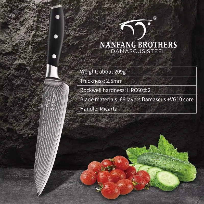 Stock 8-inch premium Damascus steel 67-layer kitchen chef's sashimi knife with Micarta handle and three-rivet gift box
