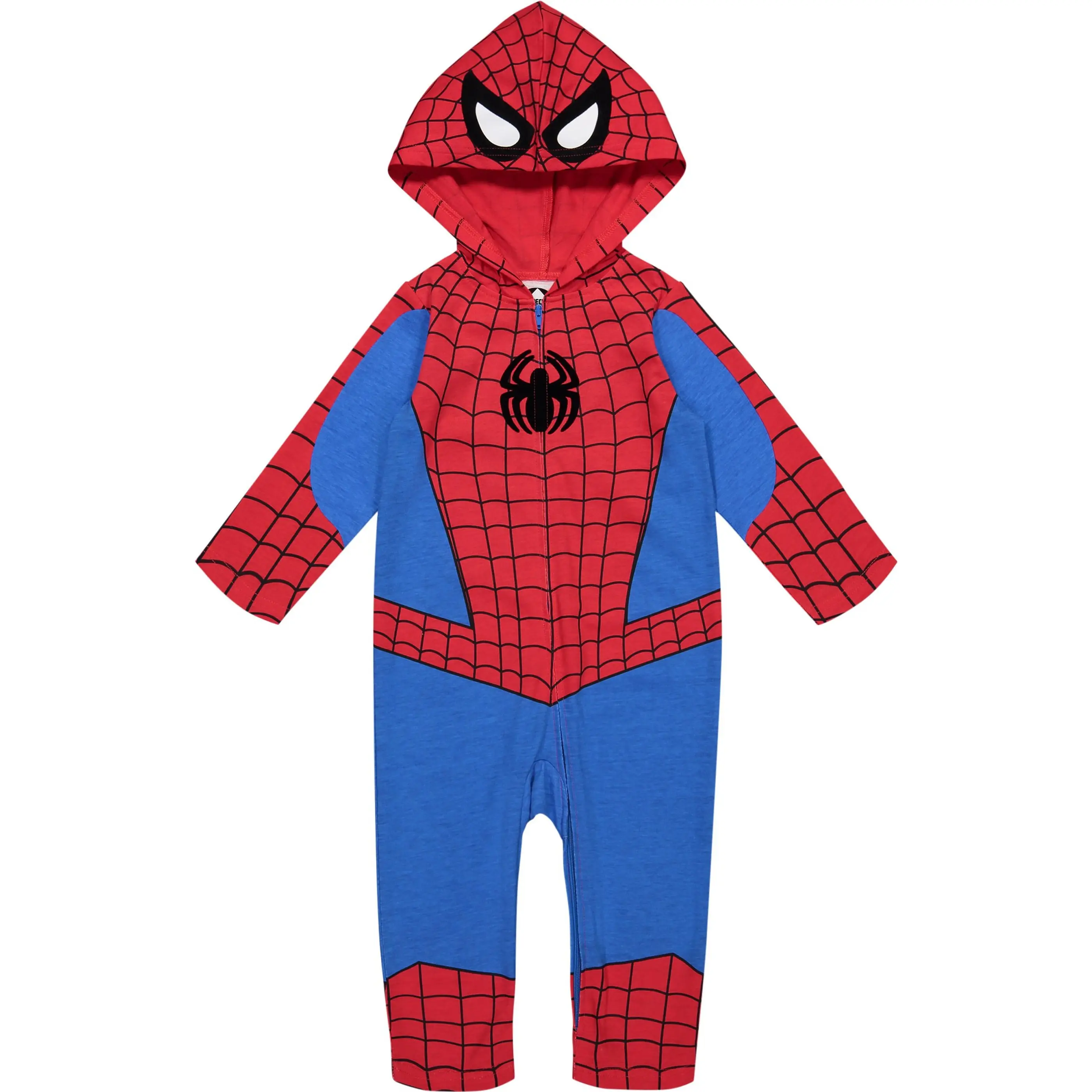 Marvel Spider-Man Baby Cosplay Hooded Zip Front Allover Print Jersey Coverall Red Blue Newborn to Infant