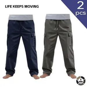 “LIFE KEEPS MOVING” 2-pack men’s minimalist solid-color cargo pants featuring an adjustable drawstring waistband and side pockets—versatile long pants for everyday wear, suitable for all seasons.