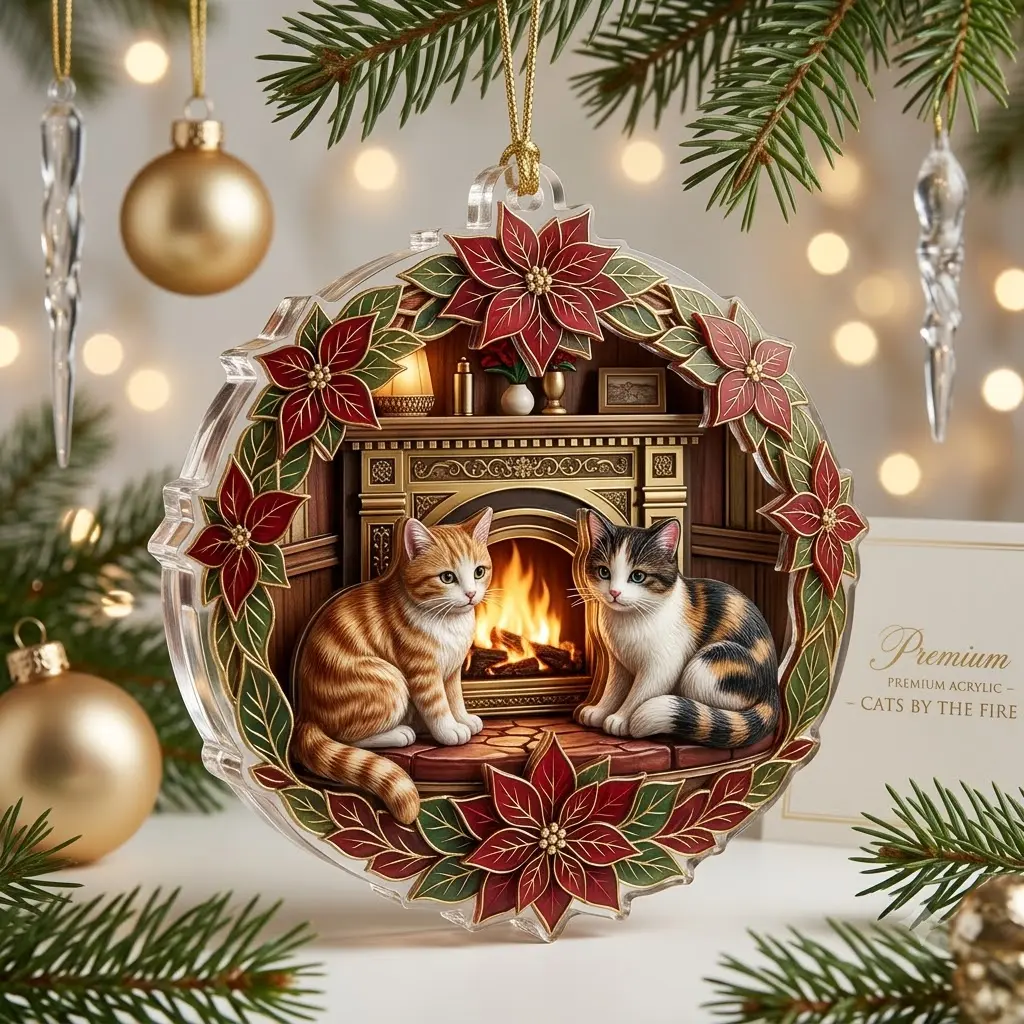 Acrylic Cat Christmas Ornament - Cute Kitten & Poinsettia Wreath Design, Cat Lover Holiday Tree Hanging Decor and Gift