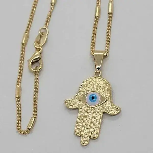 Brand New Brazilian 18k Gold Filled Hamsa w/ Baby blue evil eye Necklace