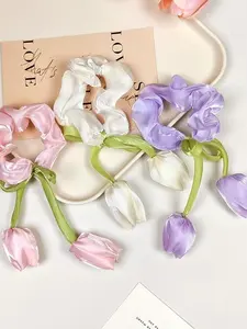 3pcs Tulip Decorative Ribbon Bow Hair Ties, Glossy Satin Large Elastic Bands with 3D Flower Charms, Cute Hair Accessories for Girls and Women