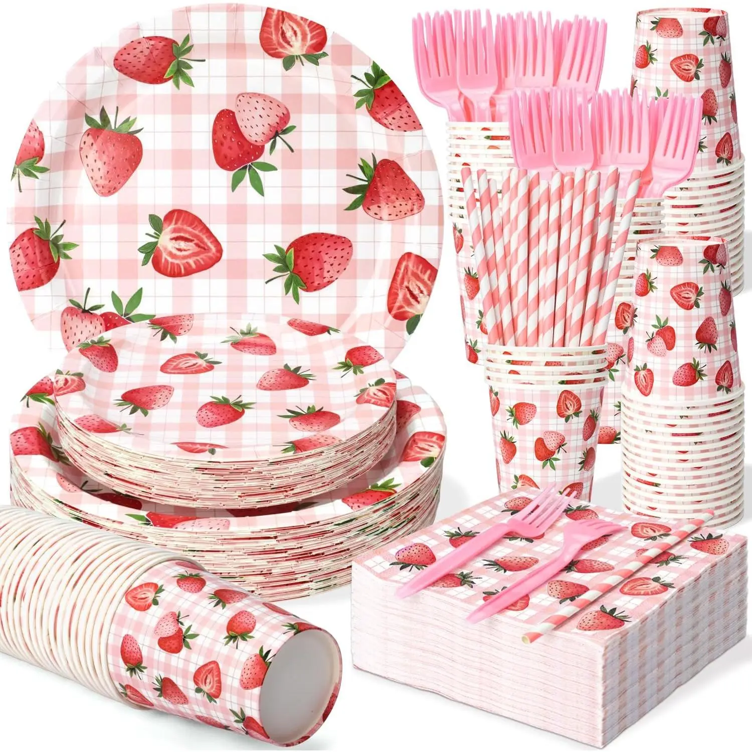 SUNDAY MIRTH Printed Disposable Tableware Set (300 Pieces, Serves 50 Guests, 144pcs Strawberry Plates) - Plates&cups, Napkins, Straws, Forks, 300 to 499 Count, Cup Disposable Tableware Supplies, Birthday Party Decorations