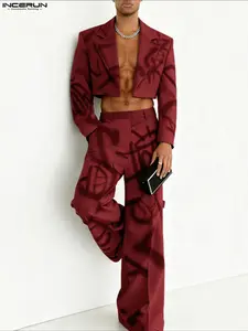 INCERUN Men's Fashion Short Suit Set with Long Pants, Graffiti Design Two-Piece, Perfect for Spring and Autumn Parties
