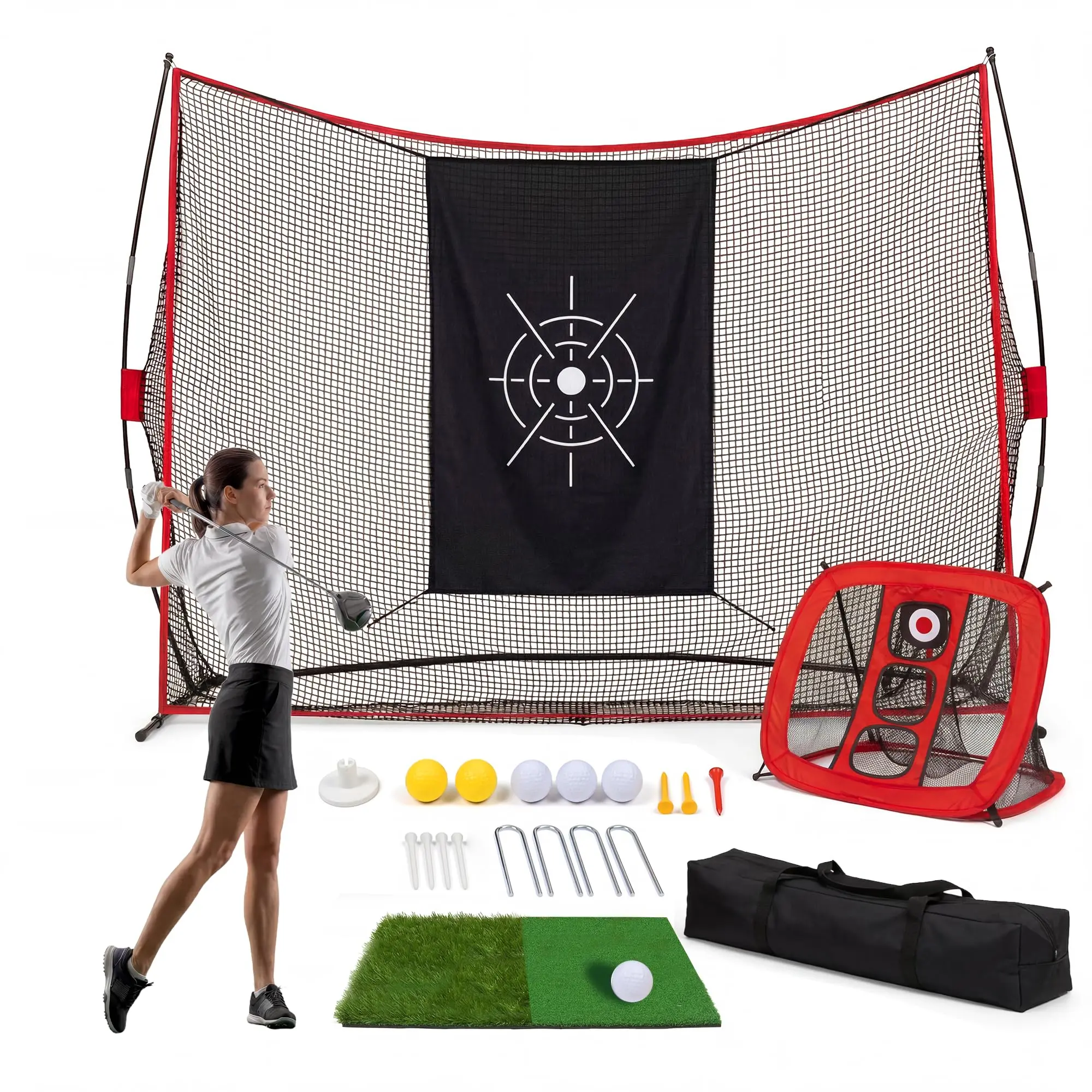 10x7FT Golf Practice Hitting Net, Complete Golf Training Kit with Chipping Net, Dual Turf Mat, Targets, Balls Tees & Carry Bag, Portable Golf Net for Indoor Backyard Outdoor Use