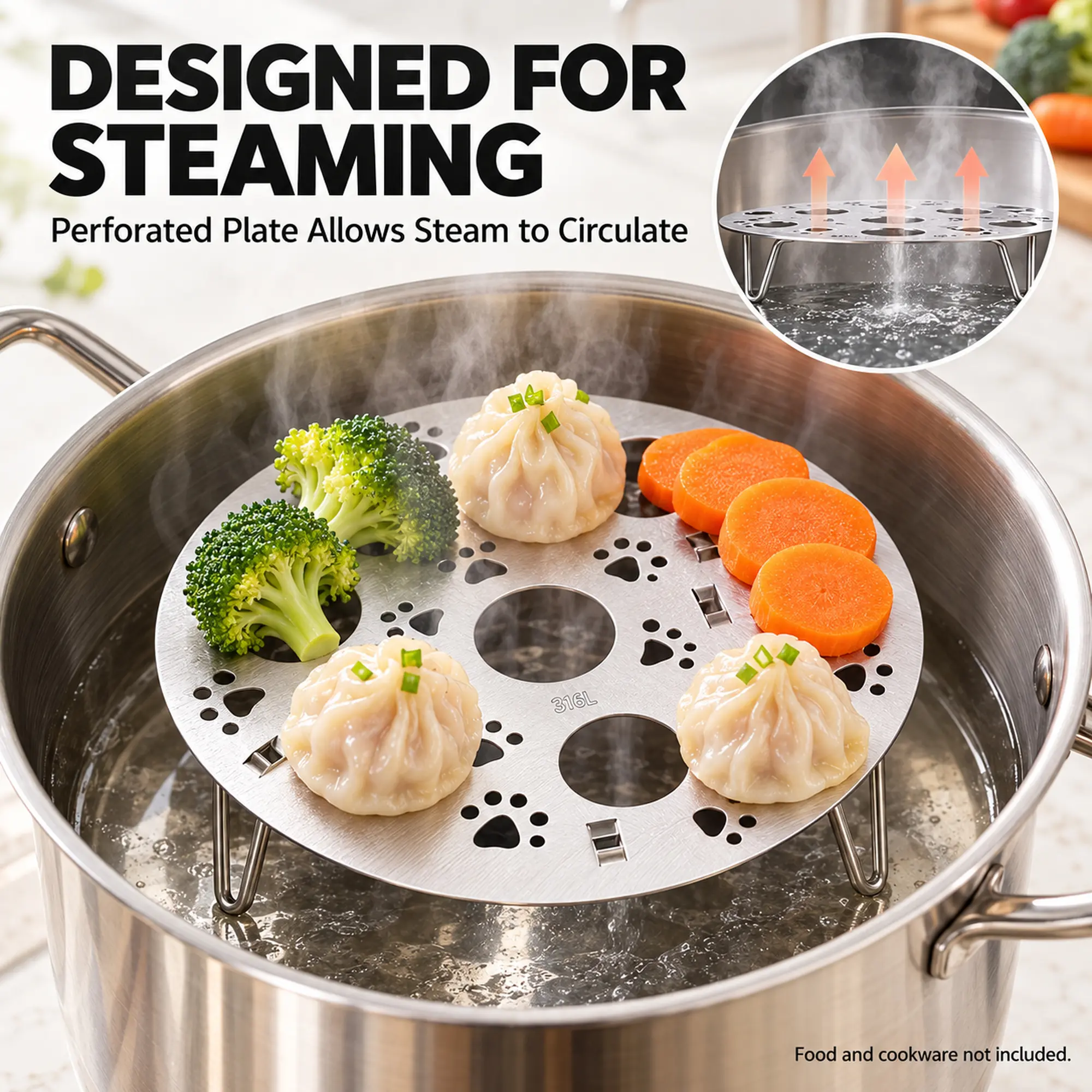316L Stainless Steel Steamer Rack, Foldable Steaming Trivet for Eggs, Vegetables, Dumplings & Fish, Round Perforated Steam Plate for Pots, Space-Saving Kitchen Cooking Accessory