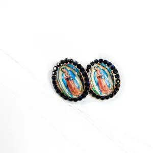 Clearance Final Sale - Virgen de Guadalupe Rhinestone Earrings - Black | Blue