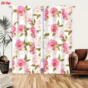 2D Flat 2-Piece Window Curtain Set with Pink & Light Peach Roses Pattern, White Background, Green Leaves & Delicate Buds, Romantic Elegant Symmetrical Seamless Floral Design for Living Room Bedroom