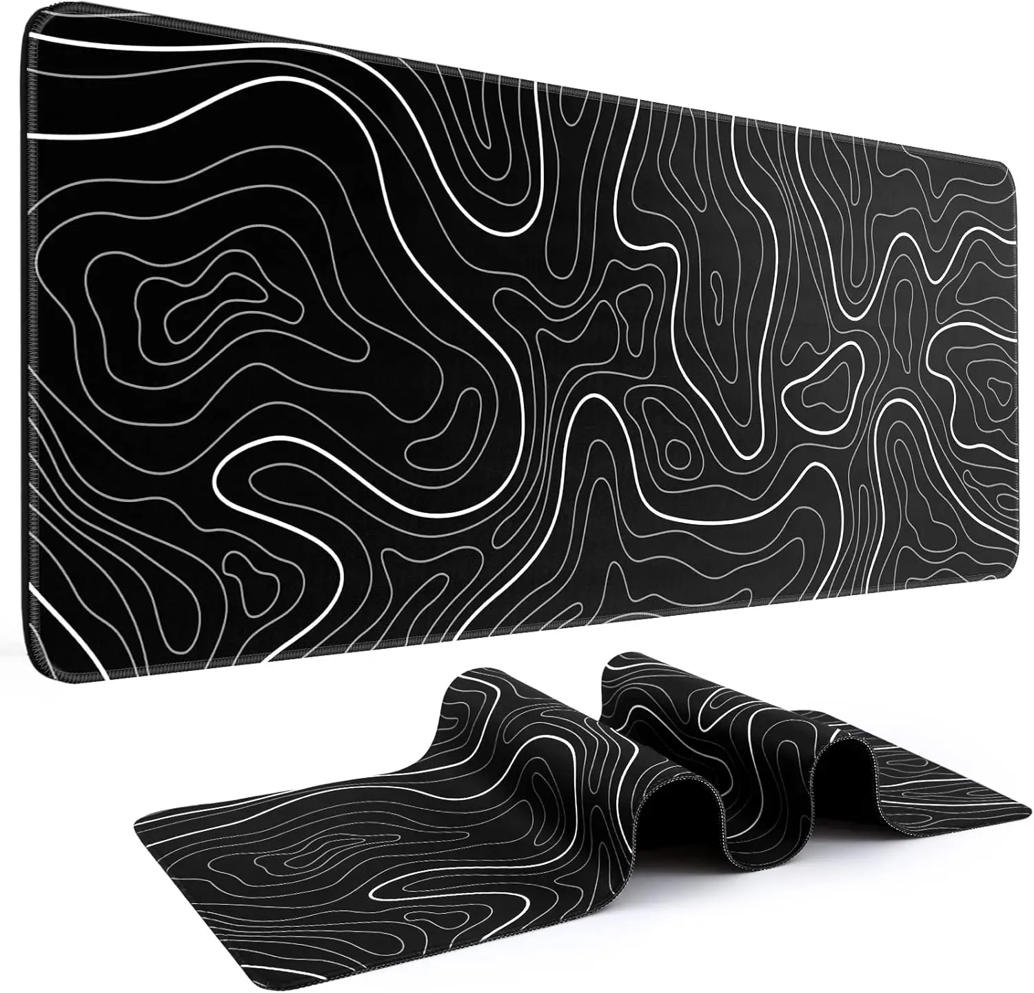 Gaming Mouse Pad, Black with White Topographic Line, 31.5x15.75in | XL Mouse Mat, Smooth Surface, Anti-slip Rubber Base, for Keyboard and Mouse, for Home and Office Use